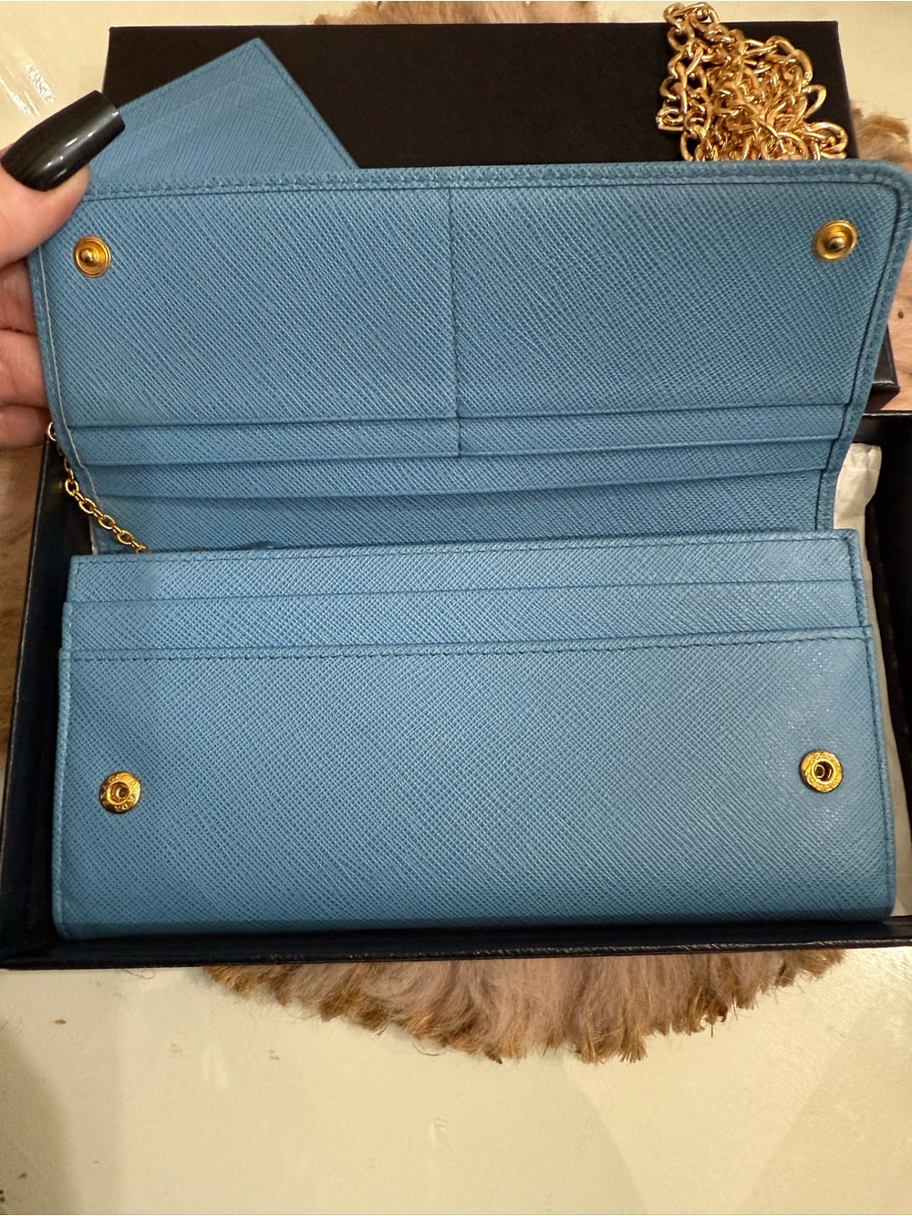 Prada Saffiano Lux Bow Continental Wallet Light Blue Gold Hardware W/ Chain Card - Picture 6 of 16